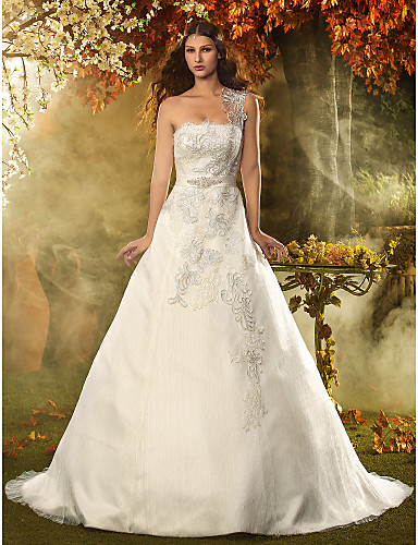 A-line Princess One Shoulder Court Train Lace Wedding Dress  