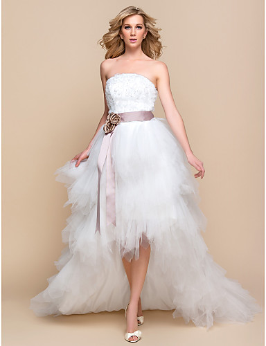 Wedding Dress A Line Asymmetrical Tulle And Lace Strapless Brida Wedding Dress A Line Asymmetrical Tulle And Lace Strapless Brida