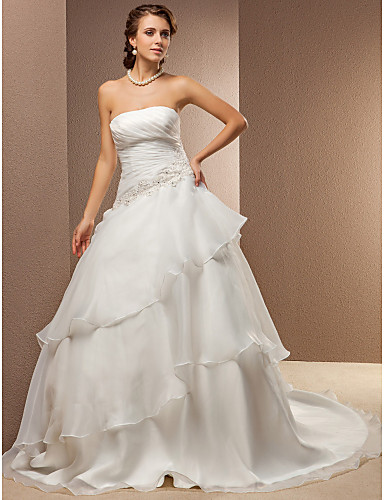 Wedding Dress A Line Chapel Train Organza and Satin Strapless Wi Wedding Dress A Line Chapel Train Organza and Satin Strapless Wi