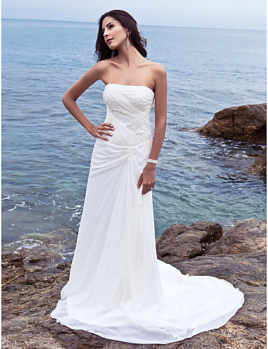 Wedding Dress Sheath Column Chapel Train Ruched Chiffon Straples
