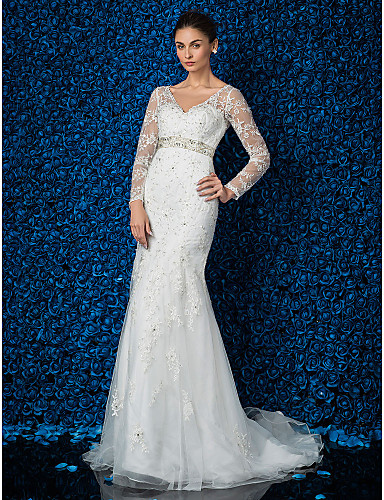 Wedding Dress Trumpet Mermaid Sweep Brush Train Lace and Tulle V Wedding Dress Trumpet Mermaid Sweep Brush Train Lace and Tulle V