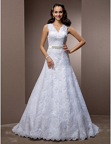 A-line V-neck Court Train Lace Wedding Dress With Removable Belt A-line V-neck Court Train Lace Wedding Dress With Removable Belt
