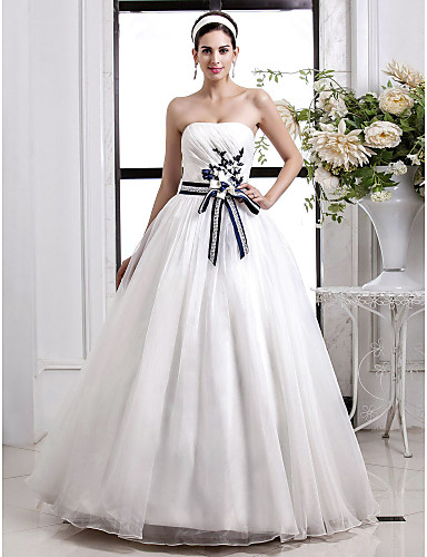 A-line Princess Strapless Sweep Brush Train Side-Draped Organza