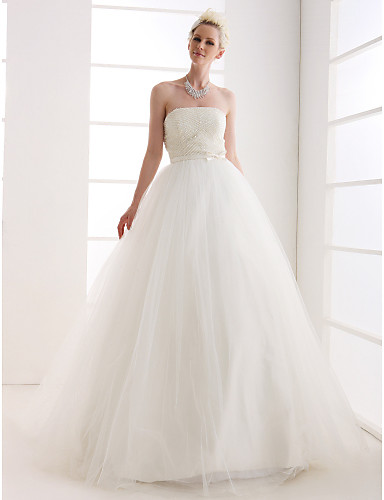 Wedding Dress Ball Gown Floor Length Tulle Strapless With Sash a Wedding Dress Ball Gown Floor Length Tulle Strapless With Sash a